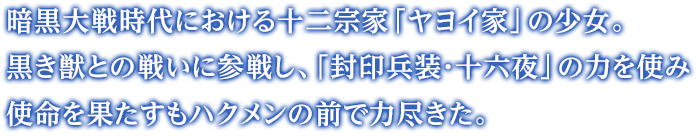 暗黒大戦時代における十二宗家「ヤヨイ家」の少女。黒き獣との戦いに参戦し、「封印兵装・十六夜」の力を使い使命を果たすもハクメンの前で力尽きた。