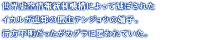 世界虚空情報統制機構によって滅ぼされたイカルガ連邦の盟主テンジョウの嫡子。行方不明だったがカグラに匿われていた。