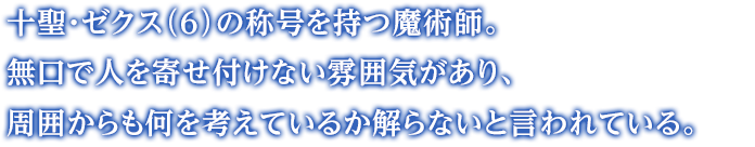 十聖・ゼクス（6）の称号を持つ魔術師。無口で人を寄せ付けない雰囲気があり、周囲からも何を考えているか解らないと言われている。