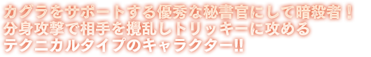 カグラをサポートする優秀な秘書官にして暗殺者！分身攻撃で相手を攪乱しトリッキーに攻めるテクニカルタイプのキャラクター!!