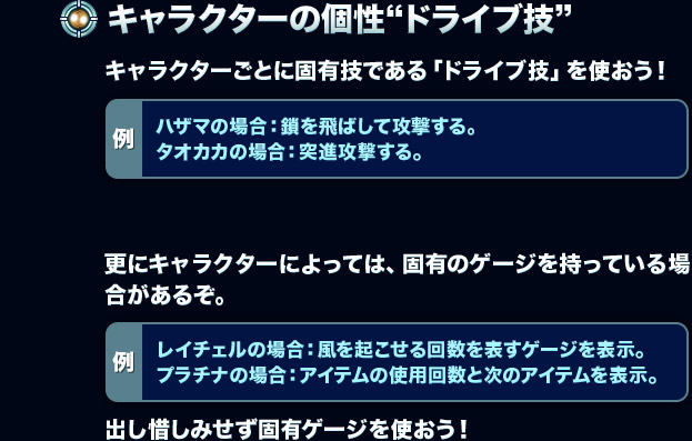 【キャラクターの個性“ドライブ技”】キャラクターごとに固有技である「ドライブ技」を使おう！[例：ハザマの場合：鎖を飛ばして攻撃する。タオカカの場合：突進攻撃する。]更にキャラクターによっては、固有のゲージを持っている場合があるぞ。[例：レイチェルの場合：風を起こせる回数を表すゲージを表示。プラチナの場合：アイテムの使用回数と次のアイテムを表示。]出し惜しみせず固有ゲージを使おう！